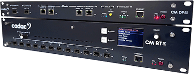 CM-RT12 optical MegaComms network router and CM-DF64 optical Dante bridge