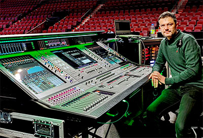 Davide Lombard at one of the tour’s two DiGiCo Quantum852 mixing consoles