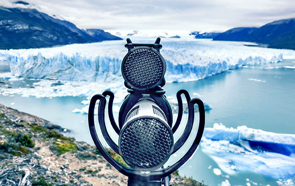 Beverly tried the new MKH 8030 in an MS configuration with the MKH 8040 ​ ​(photo taken at Moreno Glacier)