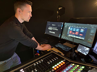 Sound Designer Adam Fisher at the new Broadway show%u2019s DiGiCo Quantum7T mixing console supplied by Masque Sound 