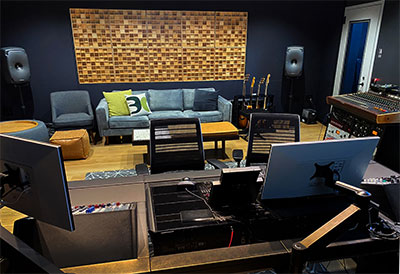 Studio A at Trilix Studio, featuring a Dolby Atmos system comprising Genelec monitors (showing rear channels)